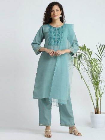 ATTRACTIVE SLUB COTTON EMBROIDERY SEQUENCE WORK TOP BOTTOM WITH DUPATTA SKY