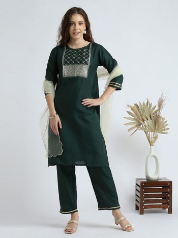 ATTRACTIVE SLUB COTTON EMBROIDERY SEQUENCE WORK TOP BOTTOM WITH DUPATTA GREEN
