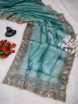 DESIGNER BURBERRY SILK EMBROIDERY ZARI AND CUT WORK SAREE WITH UNSTITCHED BLOUSE PARTY WEAR WHOLESALE PRICE ETHNIC GARMENT 2 (2)