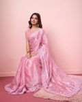 DESIGNER BURBERRY SILK SEQUENCE EMBROIDERY WITH CUT WORK SAREE WITH UNSTITCHED BLOUSE PINK