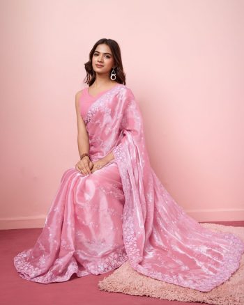 DESIGNER BURBERRY SILK SEQUENCE EMBROIDERY WITH CUT WORK SAREE WITH UNSTITCHED BLOUSE PINK