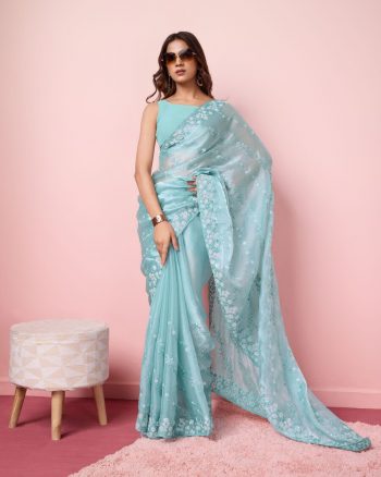 DESIGNER BURBERRY SILK SEQUENCE EMBROIDERY WITH CUT WORK SAREE WITH UNSTITCHED BLOUSE SKY