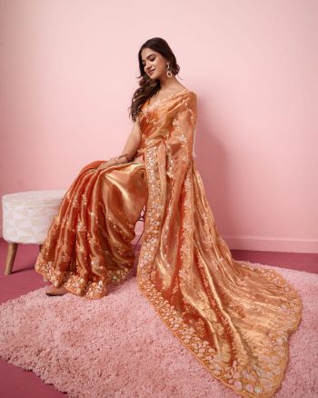 DESIGNER BURBERRY SILK SEQUENCE EMBROIDERY WITH CUT WORK SAREE WITH UNSTITCHED BLOUSE ORANGE