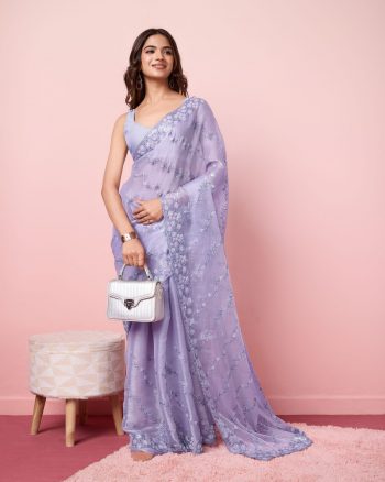 DESIGNER BURBERRY SILK SEQUENCE EMBROIDERY WITH CUT WORK SAREE WITH UNSTITCHED BLOUSE LAVENDER