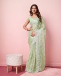 DESIGNER BURBERRY SILK SEQUENCE EMBROIDERY WITH CUT WORK SAREE WITH UNSTITCHED BLOUSE PISTA