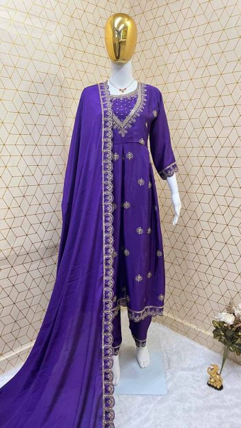 DESIGNER CHINON EMBROIDERY SEQUENCE WORK TOP BOTTOM WITH DUPATTA LAVENDER