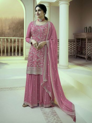 DESIGNER CHINON EMBROIDERY THREAD SEQUENCE WORK TOP PALAZZO WITH DUPATTA BABY PINK