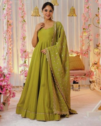 DESIGNER CHINON SEQUENCE EMBROIDERY WORK GOWN BOTTOM WITH DUPATTA MEHNDI