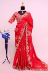 DESIGNER CHINON SILK EMBROIDERY CODING MULTI THREAD AND SEQUENCE WORK SAREE WITH UNSTITCHED BLOUSE FESTIVAL WEAR WHOLESALE PRICE ETHNIC GARMENT (8)