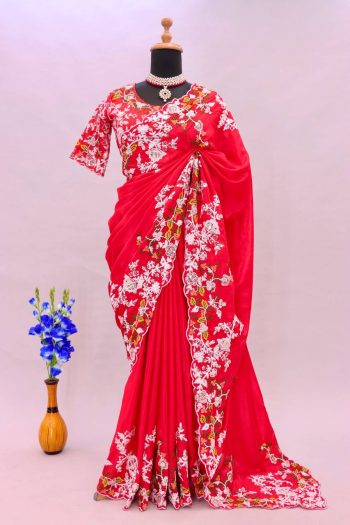 DESIGNER CHINON SILK EMBROIDERY MULTI THREAD WORK SAREE WITH UNSTITCHED BLOUSE RED