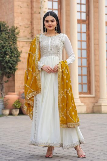 DESIGNER CHINON SILK EMBROIDERY SEQUENCE WORK GOWN BOTTOM WITH DUPATTA YELLOW