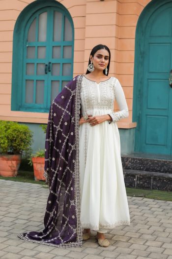 DESIGNER CHINON SILK EMBROIDERY SEQUENCE WORK GOWN BOTTOM WITH DUPATTA PURPLE