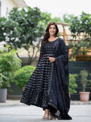 DESIGNER CHINON SILK SEQUENCE  EMBROIDERY WORK  GOWN BOTTOM WITH DUPATTA  BLACK