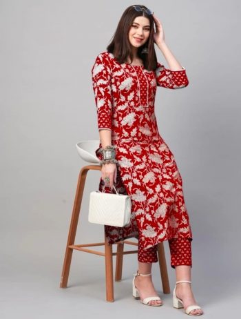 DESIGNER COTTON BLEND DIGITAL PRINT WORK TOP PANT SET RED