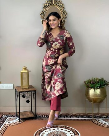 DESIGNER COTTON BLEND DIGITAL PRINT WORK TOP PANT SET WINE