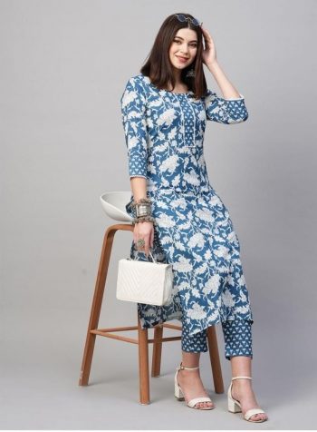 DESIGNER COTTON BLEND DIGITAL PRINT WORK TOP PANT SET BLUE