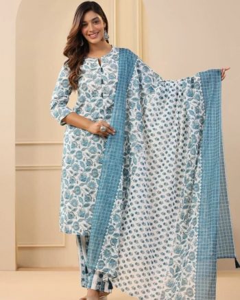 DESIGNER COTTON BLEND PRINTED TOP BOTTOM WITH DUPATTA SKY