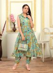 DESIGNER COTTON CHANDERI MILLE PRINT WORK TOP PANT  SET  SKY