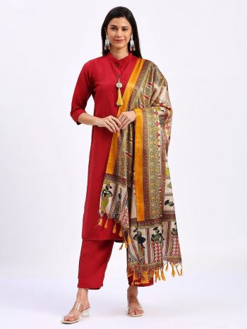 DESIGNER COTTON KHADI PRINT AND ZALAR WORK TOP BOTTOM WITH DUPATTA MAROON