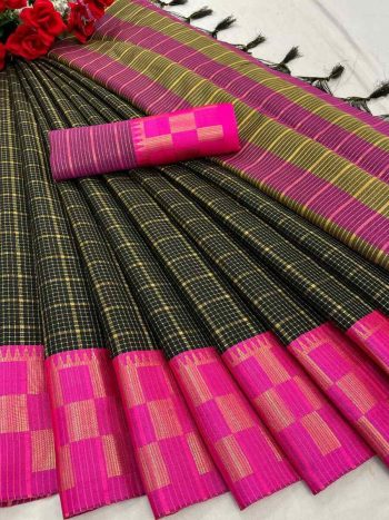 DESIGNER COTTON SILK BROAD BORDER WORK SAREE WITH UNSTITCHED BLOUSE BLACK