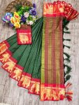 DESIGNER COTTON SILK JACQUARD WEAVING WORK SAREE WITH UNSTITCHED BLOUSE GREEN