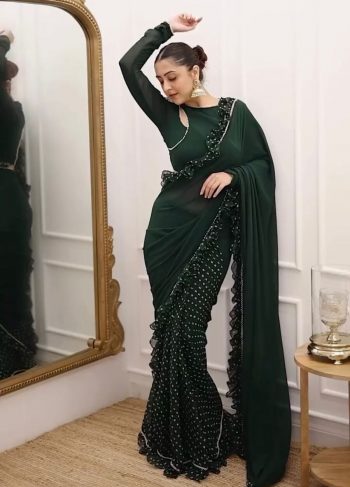 DESIGNER GEORGETTE DIGITAL PRINT WITH RUFFLE WORK READY TO WEAR SAREE WITH UNSTITCHED BLOUSE GREEN