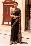 DESIGNER GEORGETTE EMBROIDERY CODING SEQUENCE WORK WITH PIPING BORDER SAREE WITH UNSTITCHED BLOUSE  BLACK