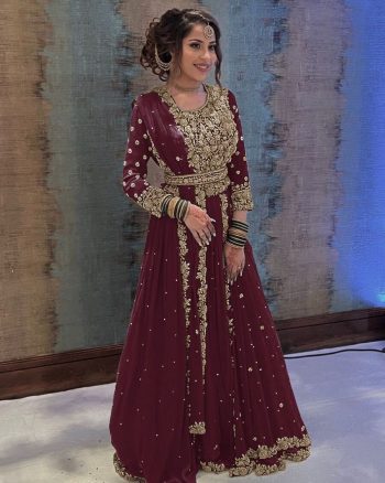 DESIGNER GEORGETTE EMBROIDERY SEQUENCE STONE HAND WORK TOP LEHENGA WITH DUPATTA MAROON