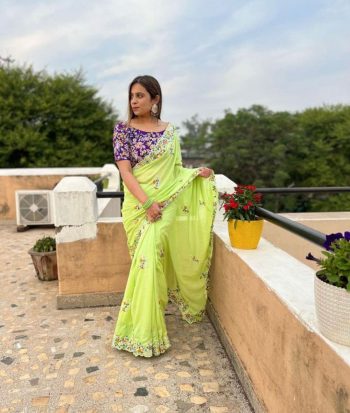 WEDDING WEAR EMBROIDERY WORK SAREE WITH UNSTITCHED BLOUSE GREEN