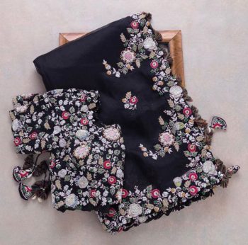 PARTY WEAR EMBROIDERY WORK SAREE WITH UNSTITCHED BLOUSE BLACK