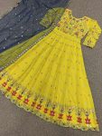 DESIGNER GEORGETTE EMBROIDERY THREAD SEQUENCE WORK GOWN WITH DUPATTA YELLOW PARTY WEAR WHOLESALE PRICE ETHNIC GARMENT (1)