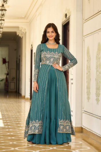DESIGNER GEORGETTE EMBROIDERY WORK READY TO WEAR  LEHENGA CHOLI WITH ATTACHED SHRUG RAMA