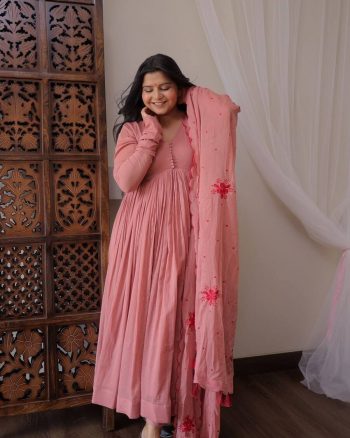 DESIGNER GEORGETTE FLAIRED GOWN BOTTOM WITH EMBROIDERY WORK DUPATTA  PEACH