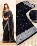 DESIGNER GEORGETTE FOIL AND LACE BORDER WORK SAREE WITH UNSTITCHED BLOUSE BLACK