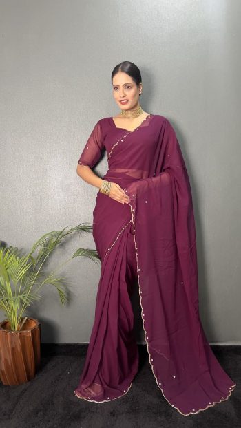 DESIGNER GEORGETTE HAND WORK READY TO WEAR  SAREE WITH UNSTITCHED BLOUSE WINE