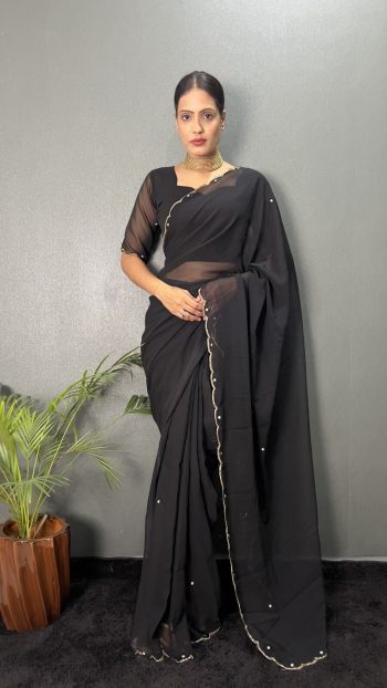 DESIGNER GEORGETTE HAND WORK READY TO WEAR  SAREE WITH UNSTITCHED BLOUSE BLACK