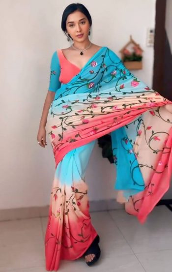 DESIGNER GEORGETTE MULTI COLOR FLOWER DIGITAL PRINT WORK READY TO WEAR SAREE WITH UNSTITCHED BLOUSE MULTI