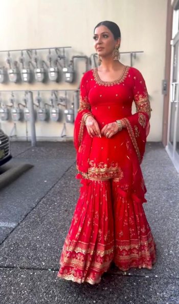 DESIGNER GEORGETTE SEQUENCE EMBROIDERY WORK TOP SHARARA WITH DUPATTA RED