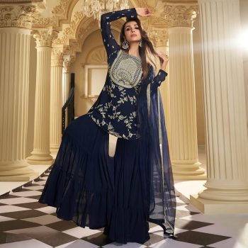 DESIGNER GEORGETTE WITH SEQUENCE EMBROIDERY WORK TOP SHARARA WITH DUPATTA NAVY BLUE
