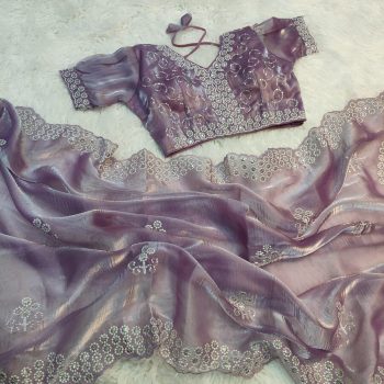 DESIGNER JIMMY CHOO EMBROIDERY SEQUENCE WORK SAREE WITH STITCHED BLOUSE PURPLE