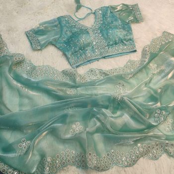 DESIGNER JIMMY CHOO EMBROIDERY SEQUENCE WORK SAREE WITH STITCHED BLOUSE SKY