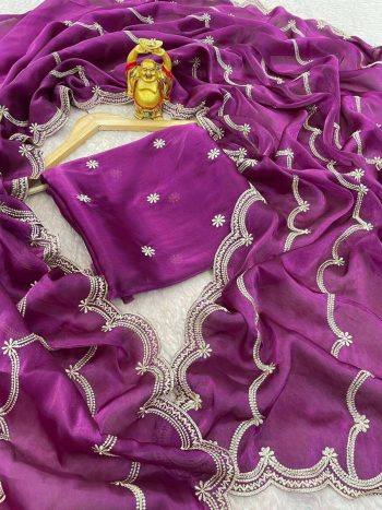 DESIGNER JIMMY CHOO EMBROIDERY THREAD WORK SAREE WITH UNSTITCHED BLOUSE WINE