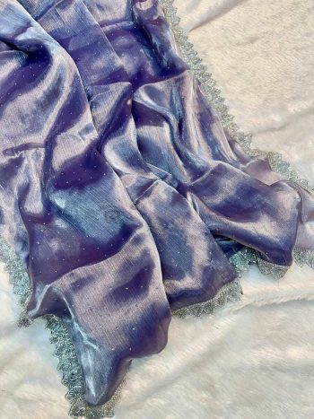 DESIGNER JIMMY CHOO LACE WITH HAND WORK SAREE WITH UNSTITCHED BLOUSE PURPLE