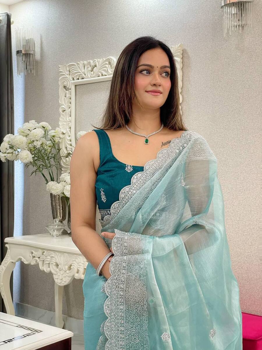 DESIGNER JIMMY CHOO SEQUENCE THREAD EMBROIDERY WORK SAREE WITH UNSTITCHED BLOUSE FESTIVAL WEAR WHOLESALE PRICE ETHNIC GARMENT (10)