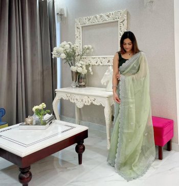 DESIGNER JIMMY CHOO SEQUENCE  THREAD EMBROIDERY  WORK SAREE WITH UNSTITCHED BLOUSE SEA GREEN