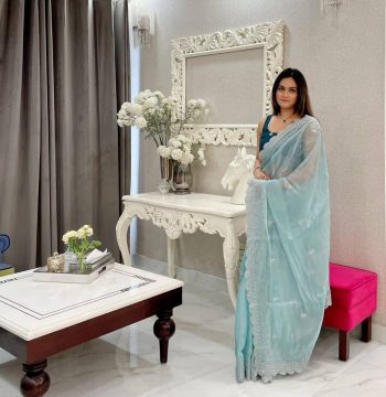DESIGNER JIMMY CHOO SEQUENCE  THREAD EMBROIDERY  WORK SAREE WITH UNSTITCHED BLOUSE SKY