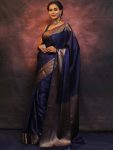 DESIGNER LICHI SILK WEAVING WORK SAREE WITH UNSTITCHED BLOUSE NAVY BLUE