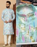 DESIGNER LINEN COTTON PRINT WITH EMBROIDERY SEQUENCE WORK MENS KURTA PAJAMA FESTIVAL WEAR WHOLESALE PRICE ETHNIC GARMENT (3)