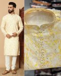 DESIGNER LINEN COTTON PRINT WITH EMBROIDERY SEQUENCE WORK MENS KURTA PAJAMA FESTIVAL WEAR WHOLESALE PRICE ETHNIC GARMENT (5)