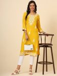 DESIGNER LIVA RAYON LUCKNOWI CHICKENKARI WORK  ONLY KURTI YELLOW